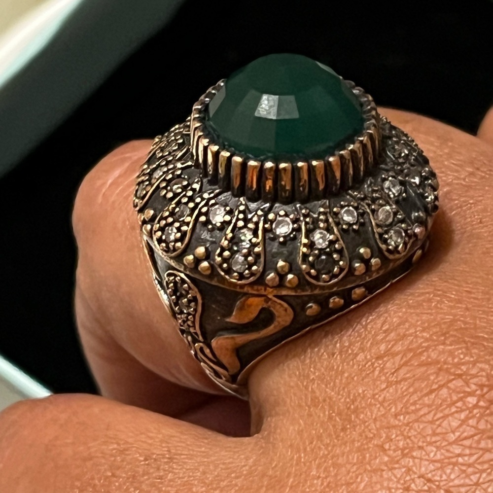 Turkish statement ring featuring a green agate stones in silver and bronze sz 8